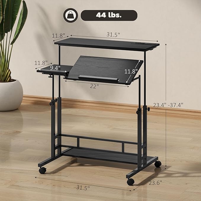 HOMCOM Height Adjustable Standing Desk with Power Outlets Stand Up Desk with Tiltable Tabletop Lockable Wheels Bottom Shelf Rolling Workstation for Home Office Black
