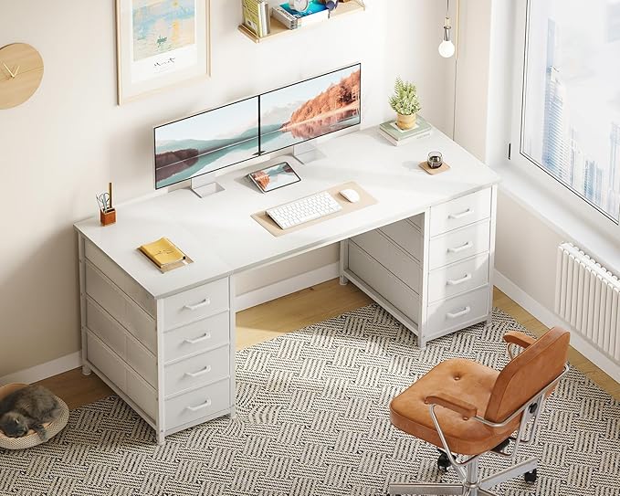 ODK 55 Inch Computer Desk with 8 Fabric Drawers Modern Office Desk with Large Storage for Home Office Study Gaming White