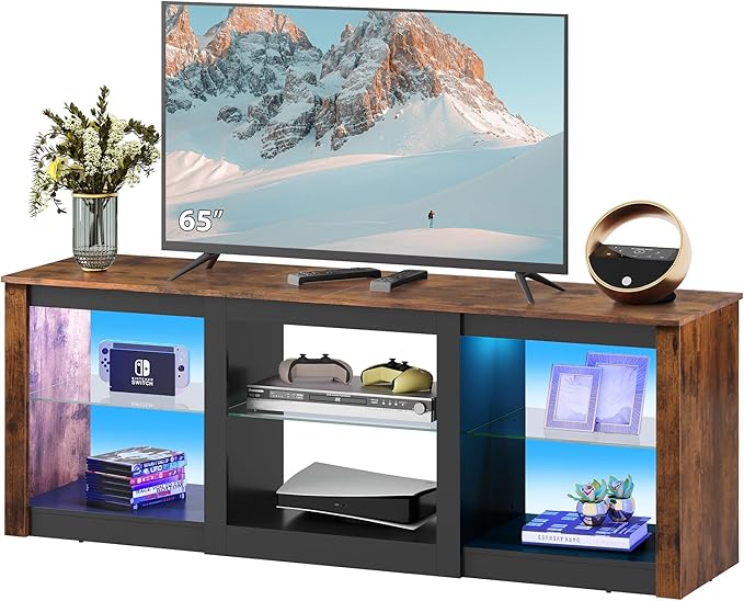 WLIVE RGB LED TV Stand for 65-Inch TV 58-Inch Entertainment Center with Adjustable Glass Shelves Modern Media Console for Living Room &amp Bedroom Rustic Brown