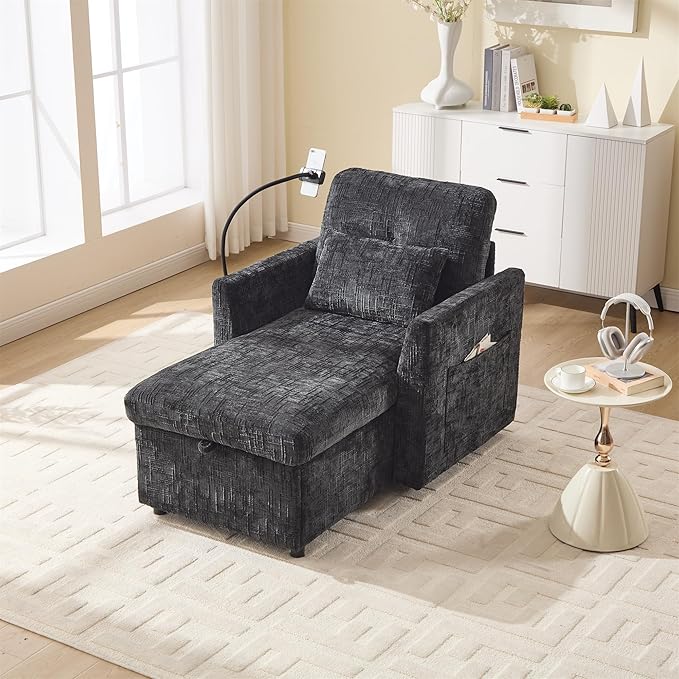 Multifunctional Recliner Sofa Chair with Storage Phone Holder &amp Adjustable Backrest Chenille Fabric Single Leisure Chair for Living Room Bedroom Small Spaces (Black)