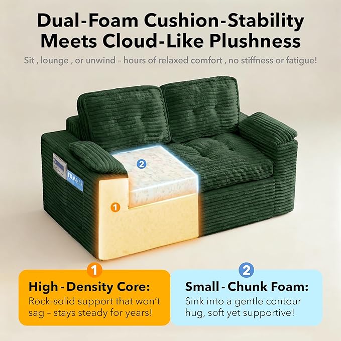 60in Loveseat Sofa Boneless Cloud Couch Sofa for Living Room 2 Seater Modern Lounge Sleeper Couch with Removable Cover Corduroy with Armrest Seat Cushion &amp Pillows for Small Spaces Green