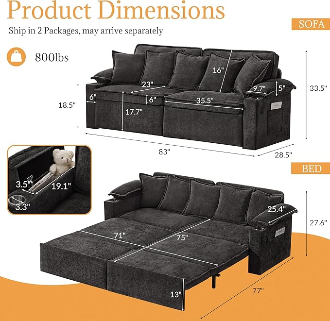 SUNWAVE 83 King Size Pull Out Sofa Bed 4-in-1 Convertible Sleeper Sofa Bed with USB Ports Cup Holders Side Pockets Corduroy Oversized Loveseat Chaise Lounge for Living Room Small Space