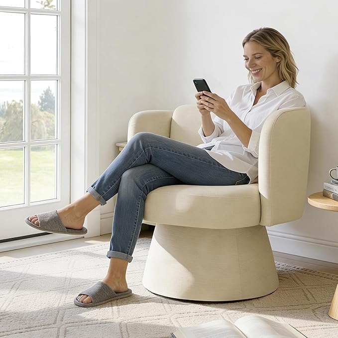 Swivel Barrel Chair360° Accent Chairs with Round BackrestUpholstered Lounge Chair for VanityLiving RoomBedroomReading NookSand
