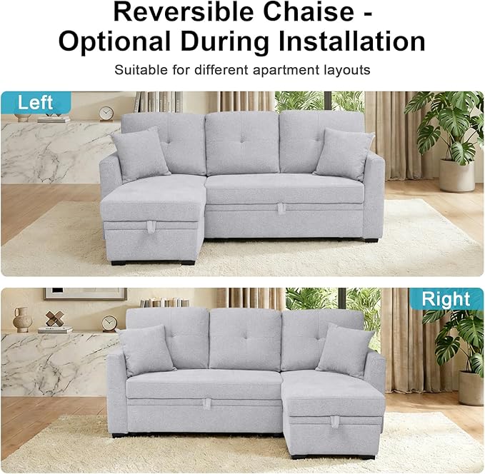 82 L Shaped Sleeper Sofa Bed: Sectional Sleeper Couch with Pull Out Bed Storage Chaise USB Charging 3 Seat Sectional Sofa Bed with Throw Pillow for Living Room (Linen Fabric Light Grey)
