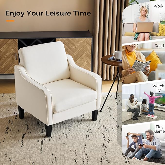 VINGLI Accent Chairs Set of 2 Beige Upholstered Linen Accent Chair for Living Room Bedroom Mid-Century Modern Arm Chair Comfy Reading Chair with Scooped Arms