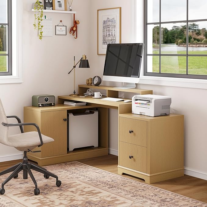 67 L Shaped Executive Desk with Drawers &amp Storage Shelf Corner Computer Desk with Power Outlets Home Office Desk with Monitor Stand Printer Shelf Computer Writing Desk for Work Oak