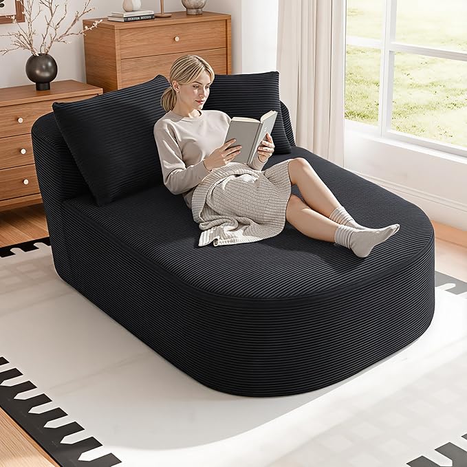 Chaise Lounge Chair Indoor 67.5 Oversized Boneless Couch Could Comfy Upholstered Sleeper Sofa Bed Corduroy Plush Modern Curved Floor Sofas Chair with 2 Pillows for Readng Living Room Bedroom Apartment