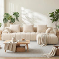Corduroy L-Shaped Compressed Boneless Sectional Sofa with Ottoman - Retro Soft Upholstered Modular Couch for Living Room &amp Small Apartment Cloud-Like Contouring Seating (Beige)