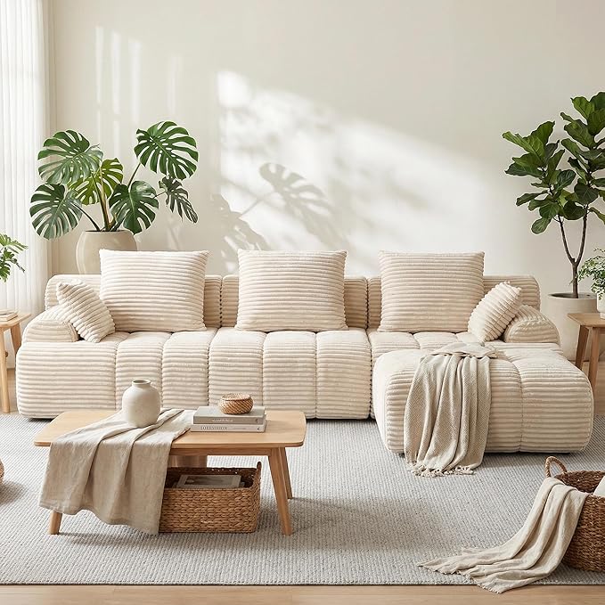 Corduroy L-Shaped Compressed Boneless Sectional Sofa with Ottoman - Retro Soft Upholstered Modular Couch for Living Room &amp Small Apartment Cloud-Like Contouring Seating (Beige)