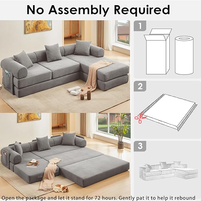 L Shaped Modular Sofa Bed with Cylindrical Pillow &amp Reversible Chaise Corduroy Folding Convertible Floor Sofa Couch Bed with Fixed-Shape Frame &amp Storage Pocket for Living Room Grey