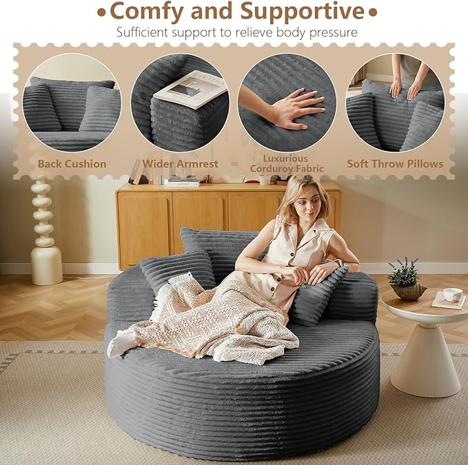Oversized Round Chair Lounge Chaise Indoor Upholstered Corduroy Deep Seat Cloud Large Circle Sofa Chair No Assembly Required Fluffy Modern Sleeper Sofa Bed for Reading Living Room Bedroom Gray