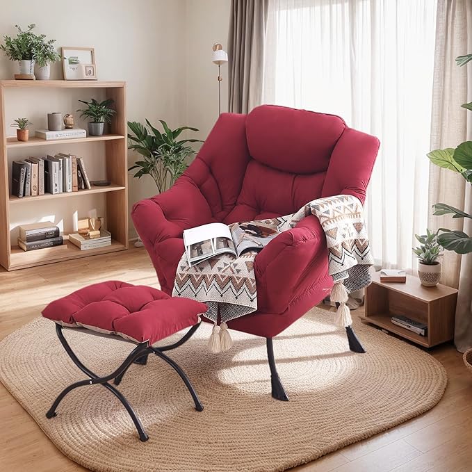 Lazy Chair with Ottoman Large Burgundy Accent Chair with Ottoman Comfy Reading Armchair Leisure Sofa Chair for Living Room Bedroom Dorm Room Office