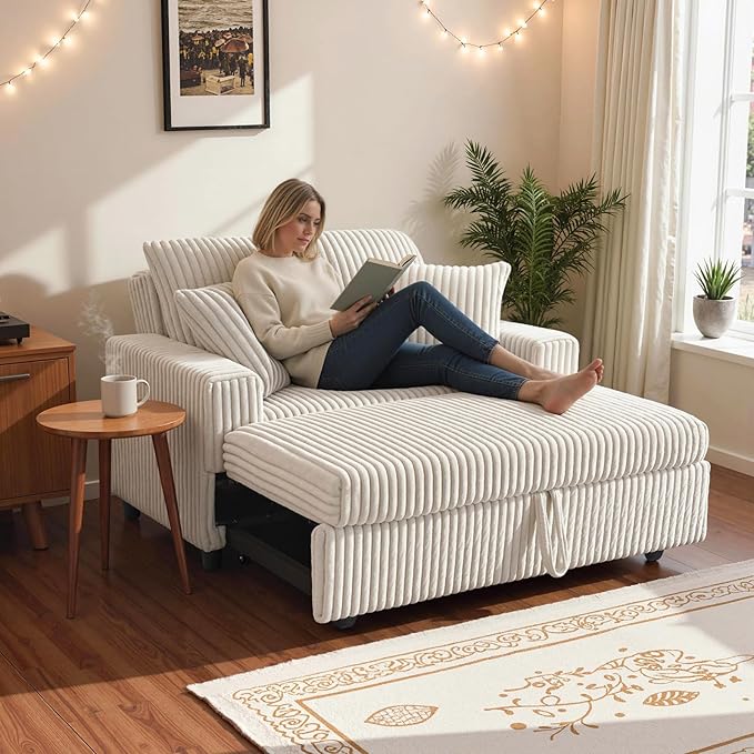 3 in 1 Convertible Sofa Bed52.8 Pull Out Couch with 2 Pillows and Side PocketsModern Corduroy Fabric Sleeper Loveseat with Adjustable Backrest for Living Room Bedroom Apartment (Beige Corduroy)