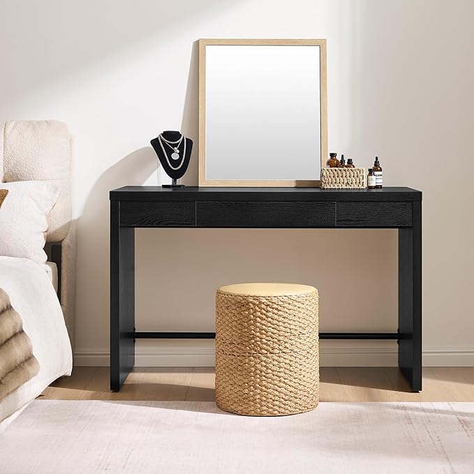 SICOTAS Computer Desk Writing Table - 47-Inch Wooden Study Desk for Bedroom Farmhouse Home Office Desk with Drawer Boho Makeup Vanity Table for Dormitory (Black Oak 1 Piece)