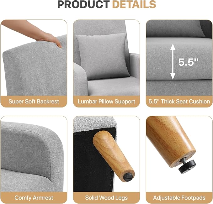 Magshion Mid-Century Accent Chair for Living Room Comfy Reading Chair for Bedroom Upholstered Linen Fabric Armchair Single Sofa with Back Pillow &amp Wood Legs 300 lbs Capacity Gray