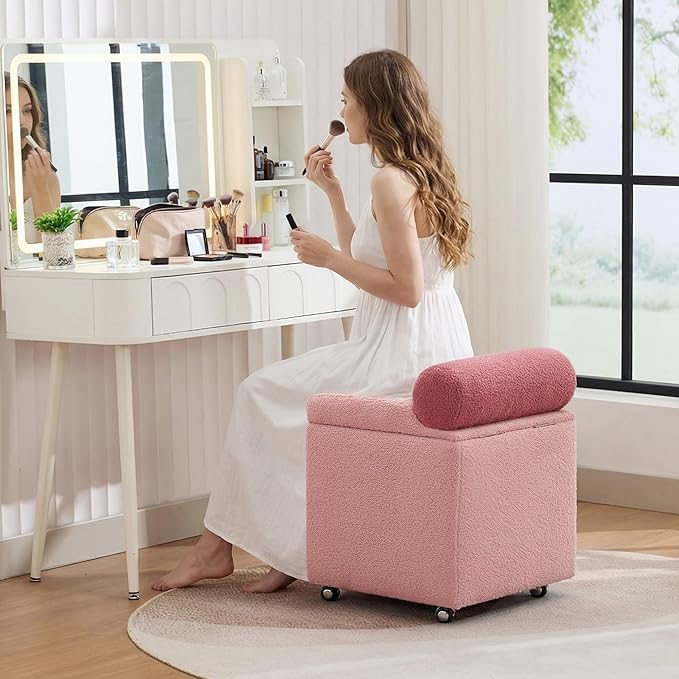 Boucle Vanity Chair with Storage Swivel Makeup Vanity Chair with Wheels &amp Safety Hinge Upholstered Vanity Stool Ottoman for Bedroom Dressing Room Pink