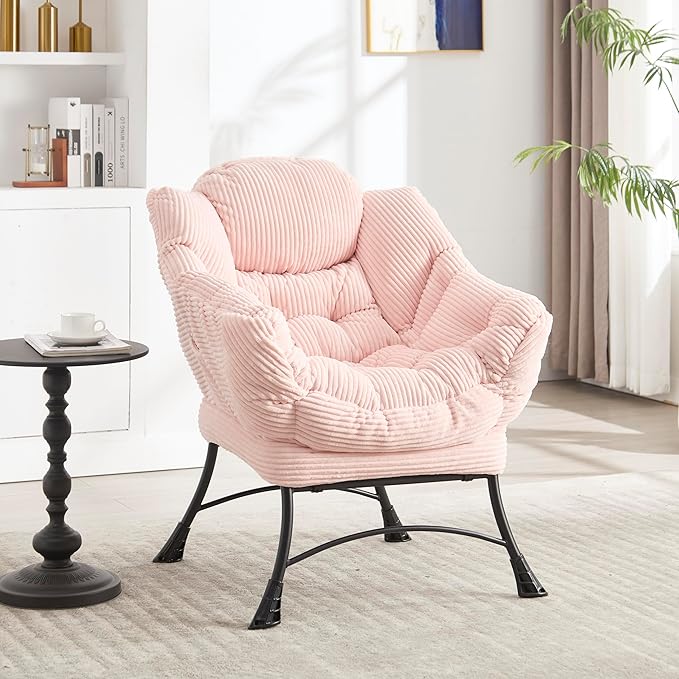 31.5 Lazy Chair1 OttomanLeisure Upholstered Sofa ChairModern Reading ChairLounge Accent Chair with Side Pocket for Small ApartmentLiving RoomBedroomOfficePink