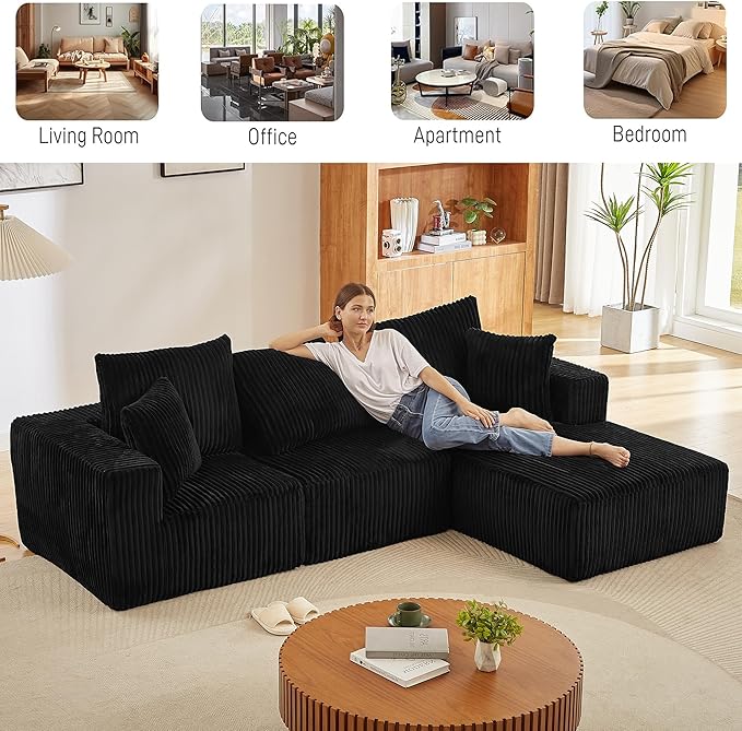 Cloud Sectional Couch with L-Shape Chaise Modern Modular Sofa with Deep Seat Upholstered Corduroy Cloud Sofas Boneless Couches for Living Room No Assembly Required (Black Right Facing Chaise)