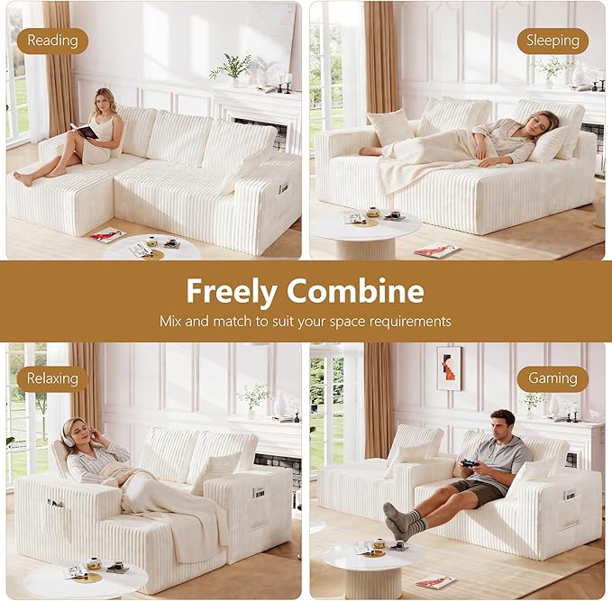 94 L Shape Sectional Sofa 3 Seat Memory Foam Cloud Couch No Assembly Required Oversized Chaise Modular Couches for Living Room Office Apartment - Left Facing Chaise White