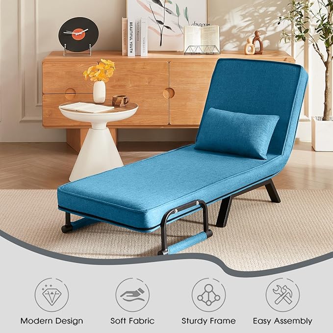 Convertible Sleeper Chair 5 in 1 Folding Sofa Bed with 5-Position Adjustable Backrest &amp Pillow Floor Single Chairs Cozy Futon Chair for Small Spaces Apartment Bedroom Office (Blue)