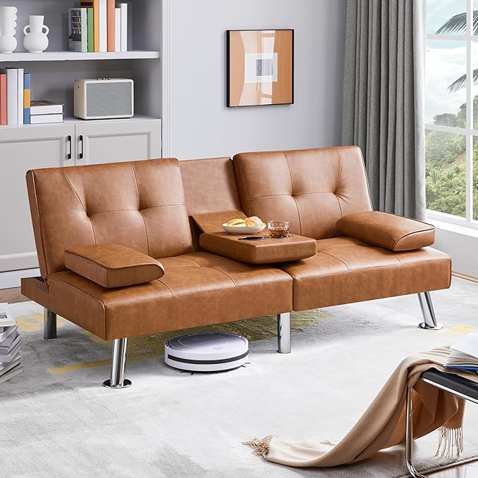 Yaheetech Convertible Sofa Bed Adjustable Couch Sleeper Modern Faux Leather Home Recliner Reversible Loveseat Folding Daybed Guest Bed Removable Armrests Cup Holders 3 Angles 772lb Capacity Brown