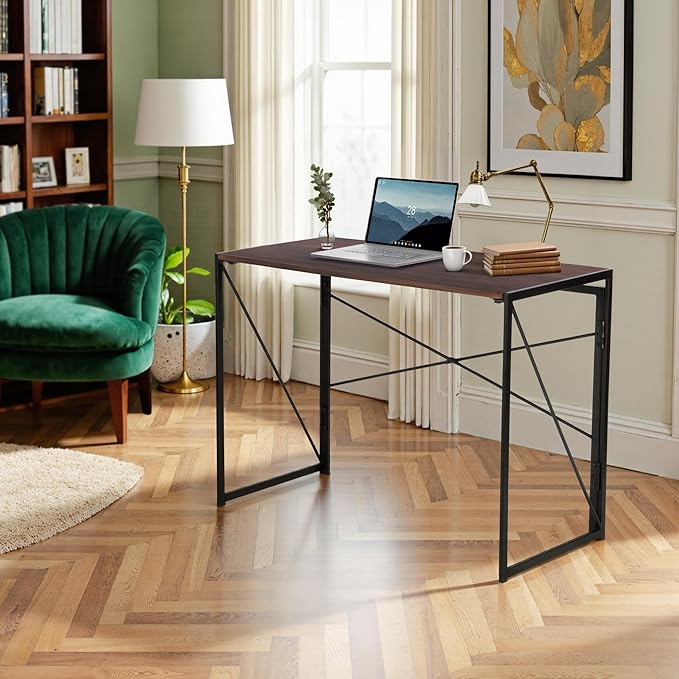Homy Casa 39.4 Inch Foldable Laptop Desk Space-Saving Computer Table with No Assembly Required Sturdy Metal Frame Minimalist Design for Home Office Study or Small Spaces Walnut
