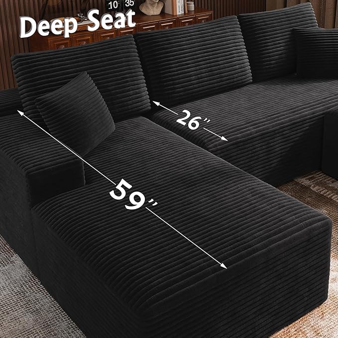 3-Piece Boneless Modular Sectional Sofa Cloud Couch Left Facing Chaise with Ottoman Oversized Deep Seat Soft Corduroy Fabric Sectional Couch for Living Room-blackb