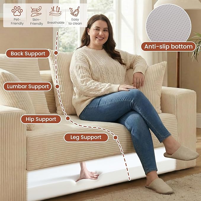 Convertible Sofa Bed 5 In 1 Small Boneless Couch Pull Out Loveseat Sleeper SofaCorduroy Futon Couch Folding Mattress with 4 Pillows for Living Room Bedroom Lounge (No Assembly) (Beige 58Inch)