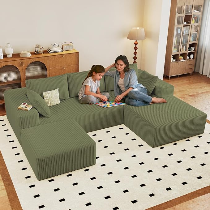 96 U Shaped Cloud Sectional Couch with Fluffy Corduroy Deep Memory Foam Seats Sofa with 1 Ottoman for Living Room No Assembly Required(GreenRight-Facing Chaise)