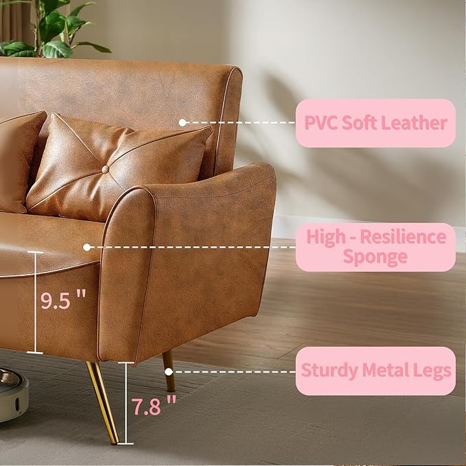 Brelice 48 Faux Leather Loveseat Sofa Modern Small Couch for Small Space with 2 Pillows 2 Seater Couch for Living Room Bedroom Office Apartment (Brown)