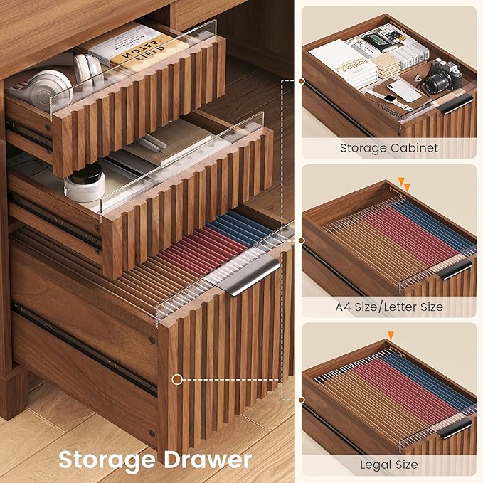 SEDETA 55.1 Fluted Office Desk with 6 Drawers Modern Computer Desk with Acrylic File Drawers Executive Desk with Power outlets for Home Office and Study (Brown)