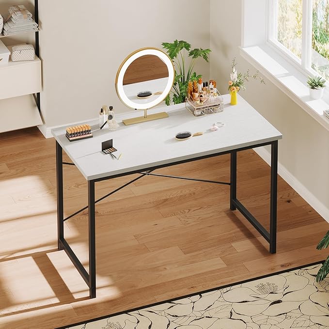NEWBULIG 47.2” Computer Desk White Office Writing Desks Compact Study Table Student Bedroom Home Work PC Workstations with Metal Frame Wood Tabletop Small Spaces