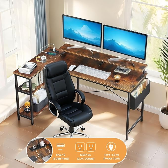 47'' L Shaped Gaming Desk with Power Outlets Reversible Corner Computer Desk with Monitor Stand Storage Shelves Side Bag Home Office Desks for Home Office Gaming (Black+Brown 47 Inch)