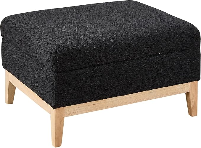 Wood Base Accent Arm Chair with Ottoman and Bolster PillowsStorage Footstool with Reversible Lid Coffee Table for Living Room Office (33.86W Black Foot Stool+Natural Base)