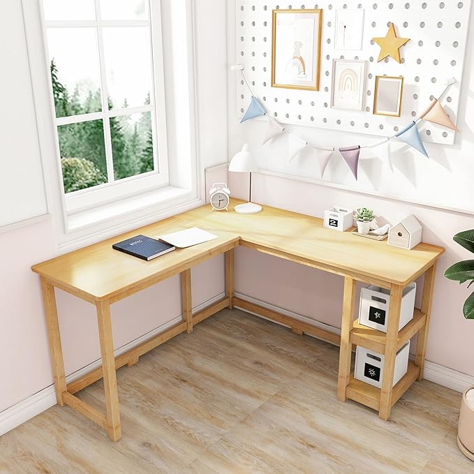 Max &amp Lily L Shaped Desk Corner Desk for Home Office Gaming Computer with Storage Shelves 55 x 55 Inches Natural