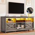 DWVO Farmhouse TV Stand with Power Outlets &amp LED Lights Entertainment Center for TVs up to 80 TV Console with Storage Cabinets &amp Open Shelves for Living Room (Washed Grey)