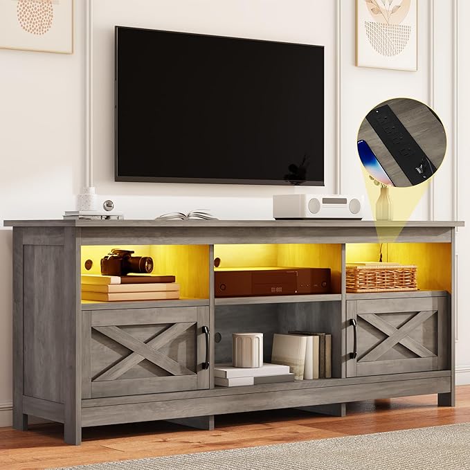 DWVO Farmhouse TV Stand with Power Outlets &amp LED Lights Entertainment Center for TVs up to 80 TV Console with Storage Cabinets &amp Open Shelves for Living Room (Washed Grey)