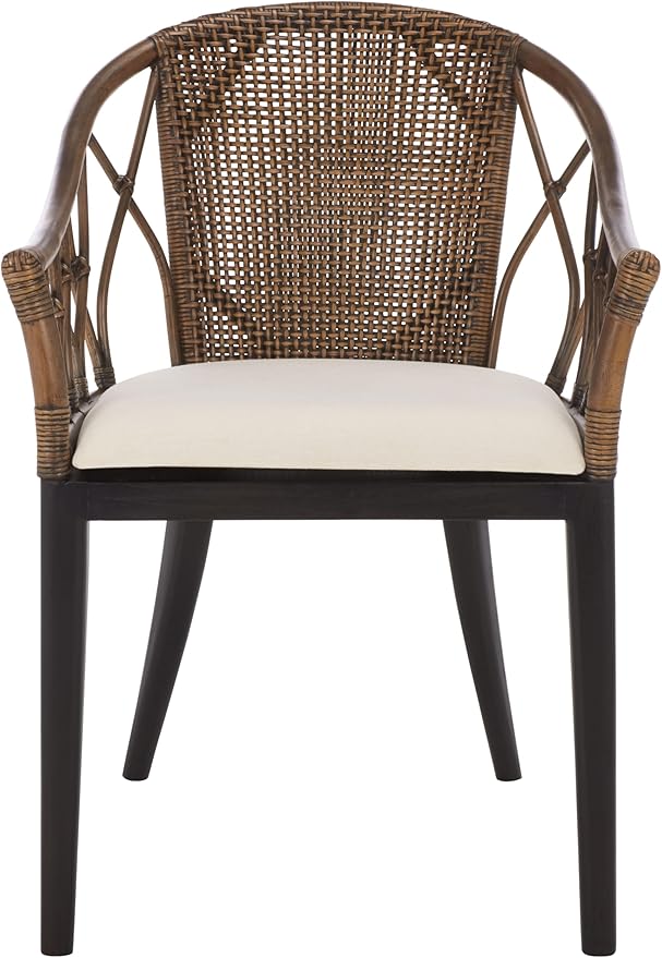 SAFAVIEH Home Collection – Miyomi Brown Rattan Arm Chair with Ivory Seat Cushion Coastal Modern Design Fully Assembled (ACH4900A)
