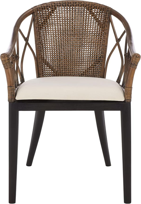 SAFAVIEH Home Collection – Miyomi Brown Rattan Arm Chair with Ivory Seat Cushion Coastal Modern Design Fully Assembled (ACH4900A)