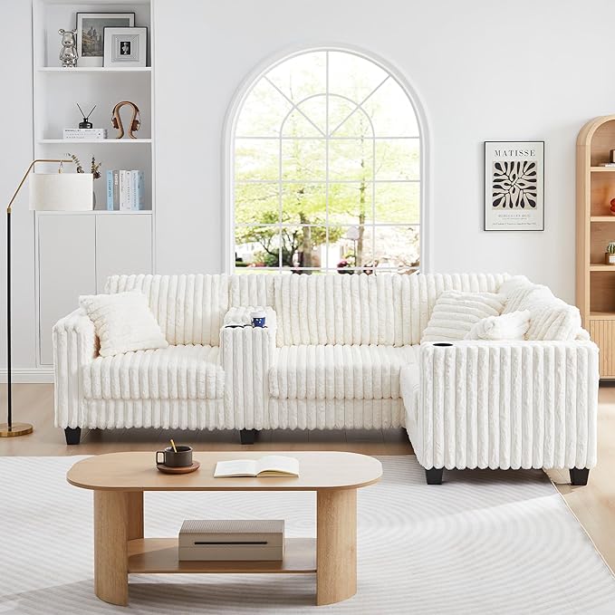 105 Modular Sectional Sofa Comfy Faux Rabbit Fur L-Shaped Cloud Couch with Center Console Cup Holders and Storage 4 Seater Sofa Couch for Living Room Apartment (White)