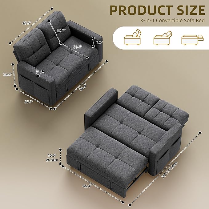 YITAHOME 55 Convertible Sofa Bed 3-in-1 Pullout Sofa Linen Sleeper Sofa with Reclining Backrest and Side Pocket Modern Futon Couch for Living Room Bedroom Apartment Grey