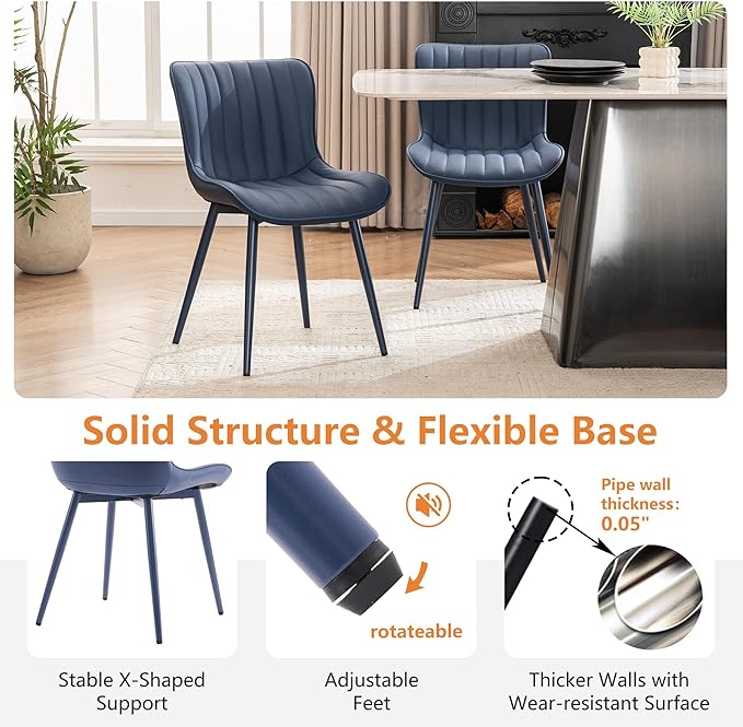 YOUNUOKE Mid-Century Modern Dining Chairs Set of 2 Navy Blue PU Leather Upholstered Kitchen Chairs with Navy Blue Metal Legs Armless Accent Chair for Dining Room Guest Reception Room