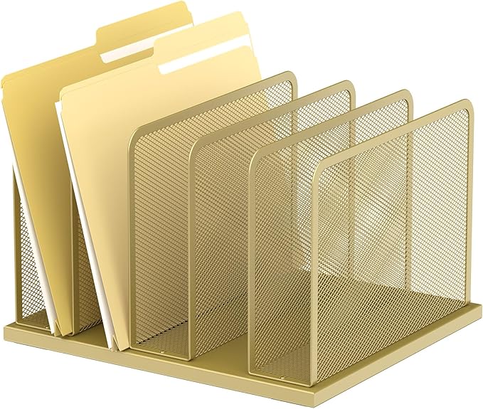 Kuntine.B Desk File Organizer Upright Mesh Desktop Organizer File Sorter Office Organization File Holder for Home Office &amp Classroom (Gold 1 Pack 5-Section)
