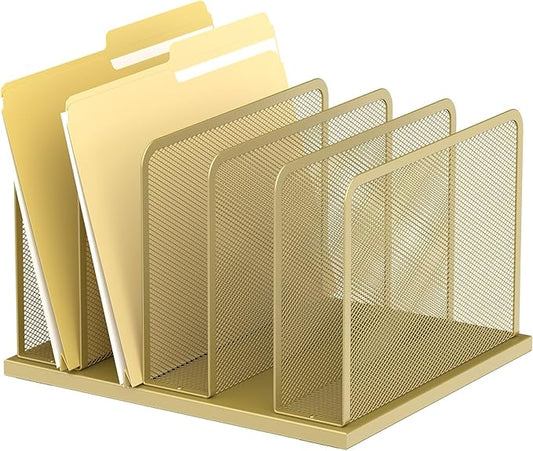 Kuntine.B Desk File Organizer Upright Mesh Desktop Organizer File Sorter Office Organization File Holder for Home Office &amp Classroom (Gold 1 Pack 5-Section)