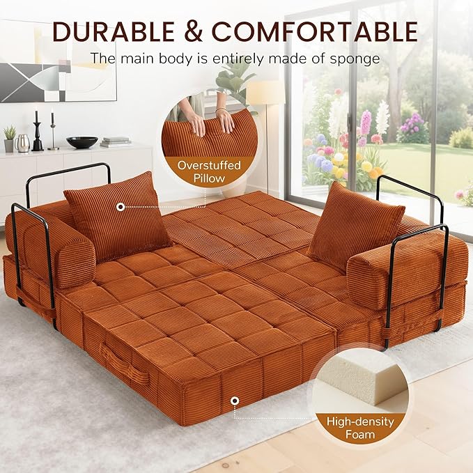 6-in-1 Convertible Sleeper Sofa Bed Corduroy Folding Mattress Couch with Fixed-Shape Frame Modular Foldable Boneless Couch Loveseat Couches with 2 Pillows for Living Room Bedroom Orange