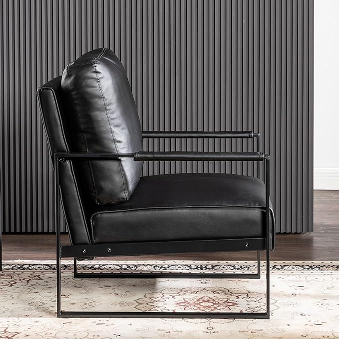 Mid-Century Modern Accent Chair with Metal Frame Black Faux Leather for Living Room Bedroom or Home Office