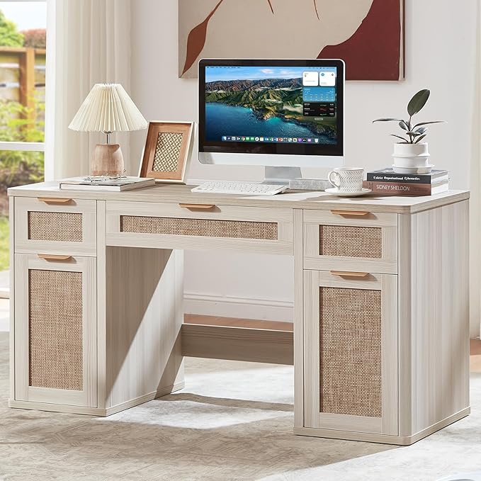 LEYAOYAO Office Desk 56 with 5 Drawers Storage File Cabinet Rattan Wood Desk for Computer Office Bedroom Home Furniture Light Gray