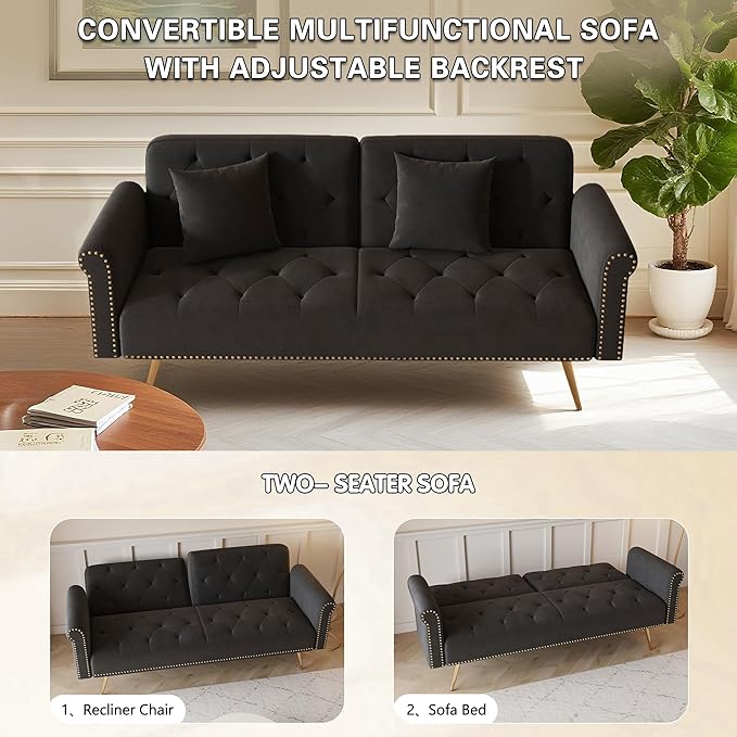 KEIKI 70 Folding Futon Sofa Couch w/Adjustable Backrest Mid Century Modern Loveseat Convertible to Sleeper Bed Small Comfy Velvet Cloud Couch SofaBed for Living Room &amp Bedroom 2 Pillows Black