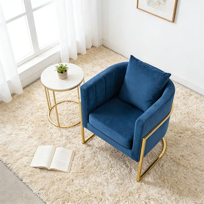 Velvet Modern Living Room Accent Chairs Set of 2 Upholstered Mid-Century Barrel Chairs for Bedroom Side Club Reception Chairs with Gold Metal Legs Blue