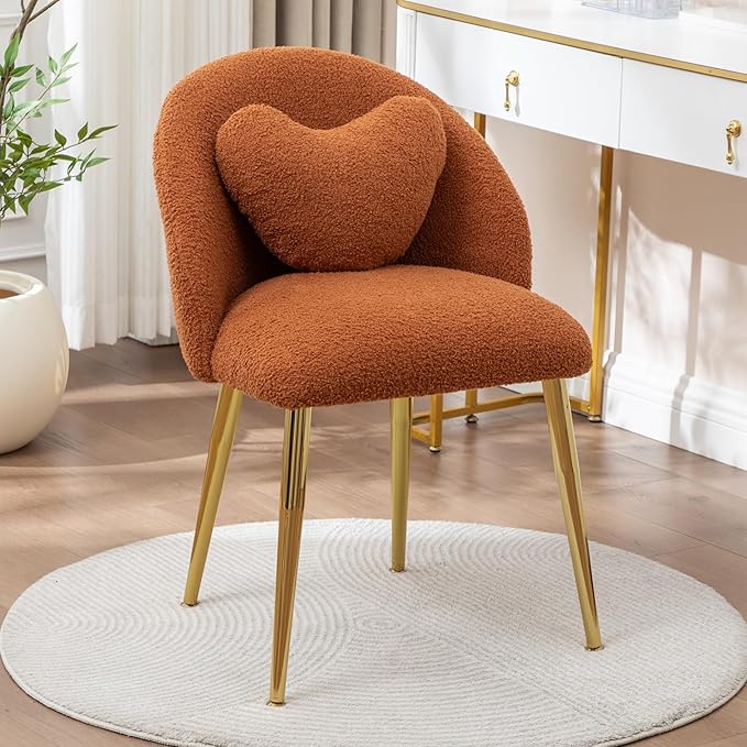 Vanity ChairAccent Makeup Comfy Cute Desk Girls Fluffy Chairs for Bedroom No Wheels Gold Metal Legs Stool (Teddy Brown)